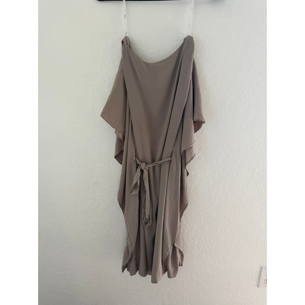 Suzi Chin for Maggy Boutique Taupe Mocha Draped Sleeve Belted Midi Dress Size 8